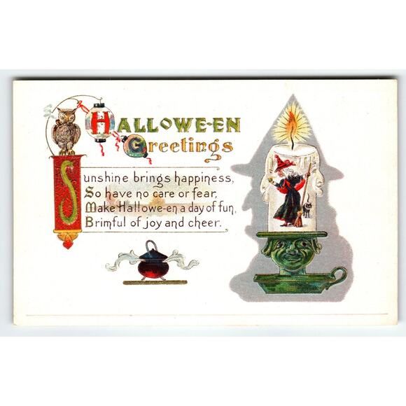 Vintage 1907-1915 Halloween Greetings Witch Candle Barton & Spooner Embossed - Picture 1 of 2